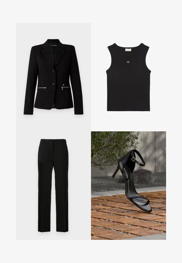 Zwarte op maat gemaakte blazer met een enkele knoopsluiting, zilveren ritszakken en een strakke uitstraling. Gemaakt van een gladde, stevige stof.; Zwarte geribbelde mouwloze top met ronde hals, Calvin Klein Jeans label aan de binnenkant van de kraag en een klein CK-logo applicatie op de borst.; Zwarte broek met een rechte pasvorm, gemaakt van gladde stof, met een platte voorkant, riemlussen en zonder zichtbare patronen of accenten.; Zwarte hoge hak sandaal met enkelbandje zweeft boven een houten tegelvloer buiten, met een onscherpe groene en stenen achtergrond.