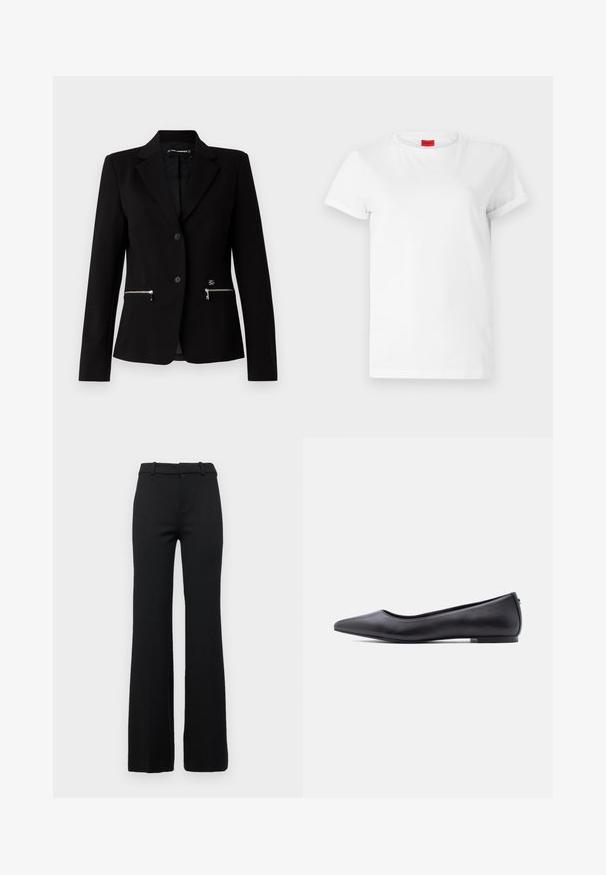 Blazer negro ajustado con cierre de un solo botón, bolsillos con cremallera plateados y un diseño elegante. Fabricado con una tela suave y resistente.; Camiseta blanca de manga corta hecha de algodón ligero. Presenta un escote redondo y mangas enrolladas. Etiqueta de logo roja en el cuello.; Pantalones acampanados negros a medida con una textura suave, que cuentan con una cinturilla con pasadores de cinturón y un cierre de cremallera en la parte delantera.; Zapato plano de cuero negro con punta puntiaguda y tacón bajo, mostrado de perfil contra un fondo blanco.