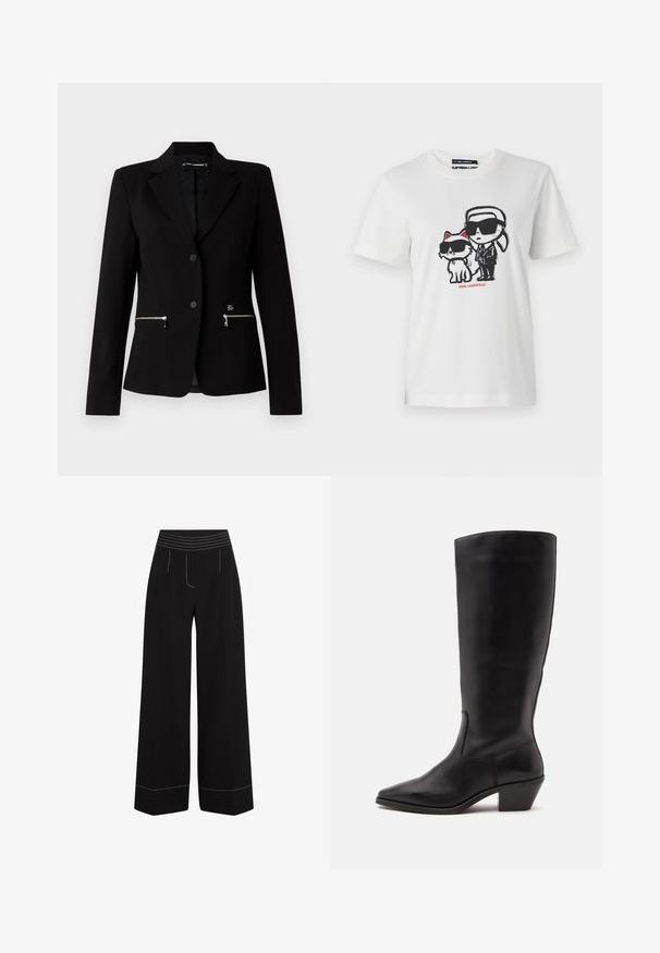 Zwarte op maat gemaakte blazer met een enkele knoopsluiting, zilveren ritszakken en een strakke uitstraling. Gemaakt van een gladde, stevige stof.; Witte katoenen t-shirt met een grafiek van een personage en een kat, beide met een zonnebril. Het ontwerp bevat zwarte omlijningen en rode accenten.; Zwarte wijde broek met een gestructureerde, elastische tailleband. Beschikt over witte stiksels langs de zakken en zoom. Glad stofafwerking.; Zwarte leren laars tot half op de kuit met een puntige neus en een lage schuine hak op een effen lichte achtergrond.