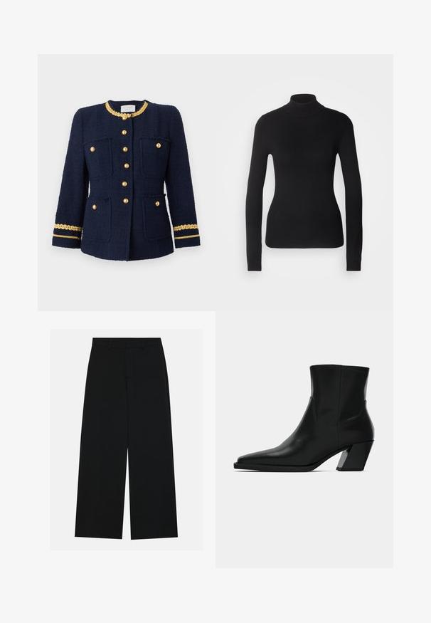 Marineblå tweedjakke med guldknapper, der har fire forlommer og en guldkæde detalje langs kraven og ærmerne. Struktureret design.; Sort turtleneck sweater lavet af let strikket stof. Har lange ærmer, et tætsiddende design og en blød ribbet tekstur.; Breddebenede sorte bukser lavet af et glat stof. Har en flad talje med bæltestropper og ingen synlige lommer. Simpelt design.; Sortlæder ankelstøvle med spids tå, en slank silhuet og en kraftig firkantet hæl. Glat tekstur med minimale stikninger.