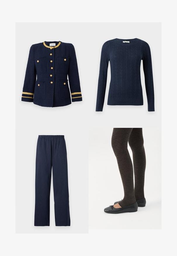 Marineblå tweedjakke med guldknapper, der har fire forlommer og en guldkæde detalje langs kraven og ærmerne. Struktureret design.; Marineblå strikket sweater med kabelmønster, rund halsudskæring, lange ærmer og ribbet kant og manchetter. Holdbart stof med tekstureret finish.; Marineblå vide bukser med sømstriber, der har en elastisk talje og en glat tekstur.; Ben iført mørke ribbede leggings kombineret med sorte balletsko med små sløjfedetaljer på hvid baggrund.