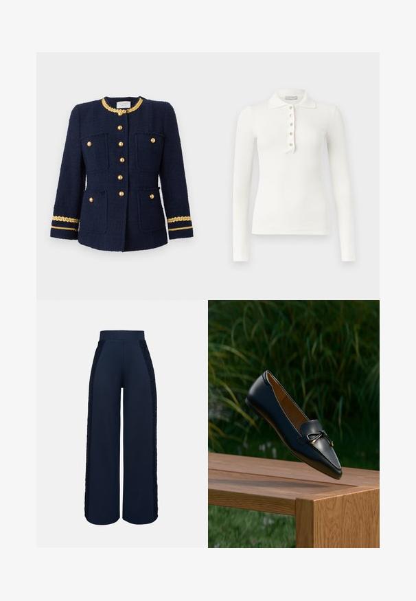 Marineblauwe tweedjas met gouden knopen, voorzien van vier voorzakken en een gouden kettingdetail langs de kraag en manchetten. Gestructureerd ontwerp.; Witte ribgebreide poloshirt met lange mouwen, vijf knopen en een omgeslagen kraag op een effen achtergrond.; Marineblauwe wijde broek met hoge tailleband en kanten inzetstukken die aan de buitenkant van beide pijpen lopen.; Zwarte leren loafer met een strikdetail die boven een houten bankje zweeft, met groen gras en planten op de achtergrond.
