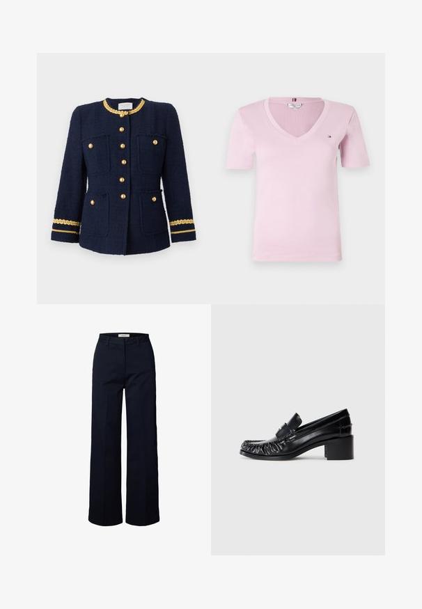 Marineblå tweedjakke med guldknapper, der har fire forlommer og en guldkæde detalje langs kraven og ærmerne. Struktureret design.; Lys pink V-hals t-shirt med korte ærmer, lavet af blød bomuld, med et lille logo på venstre bryst og en glat tekstur.; Marineblå bukser med lige ben, foran lommer og taljebånd med bæltestropper, vist på hvid baggrund.; Sorte læder loafers med en bølget front, rund tå og en blokhælc. Har et dekorativt bånd og syninger langs kanterne.
