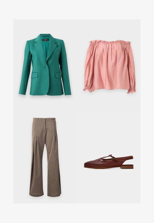 Blazer bleu canard avec un revers cranté, fermeture à un bouton, deux poches avant et texture lisse. Coupe ajustée avec un design moderne.; Blouse rose pâle à épaules dénudées avec manches longues bouffantes, col et poignets à volants élastiques, posée à plat sur un fond clair.; Pantalon marron taille haute, coupe large, avec plis à l'avant et fermeture avant dissimulée, présenté sur un fond clair.; Mocassin slingback en cuir marron avec dessus tressé, bride à boucle et petit talon en bois sur fond uni.