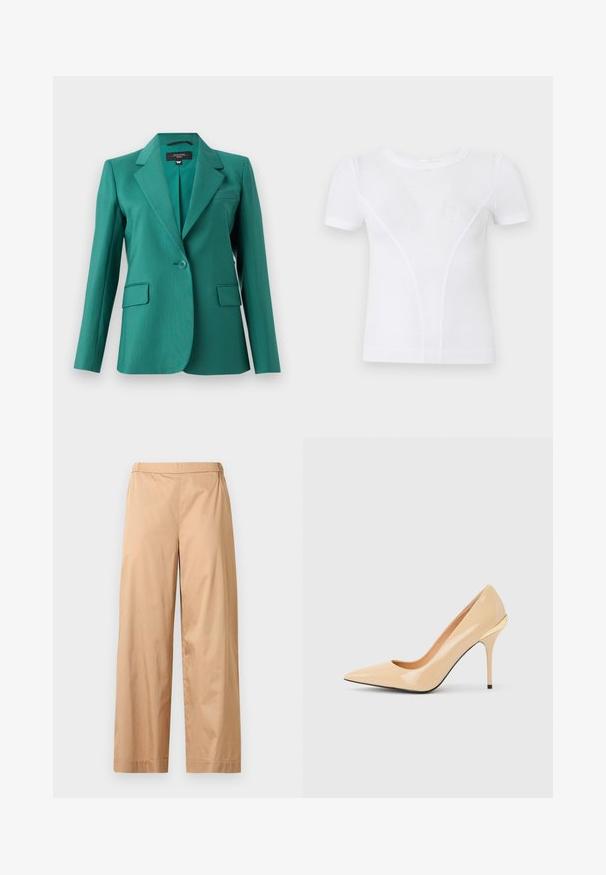 Teal blazer med reverskrave, enkelt knaplukning, to frontlommer og glat tekstur. Skræddersyet pasform med et moderne design.; Hvid kortærmet ribstrikket t-shirt med rund hals og diskrete buede sømdetaljer på forsiden.; Beige bukser med vide ben, høj talje, fladt frontstykke og lige kant, vist mod en ensfarvet lys grå baggrund.; Beige laklæder pumps med høje hæle, spids tå og slank stiletthæl, med en lille guldaccent bagpå.