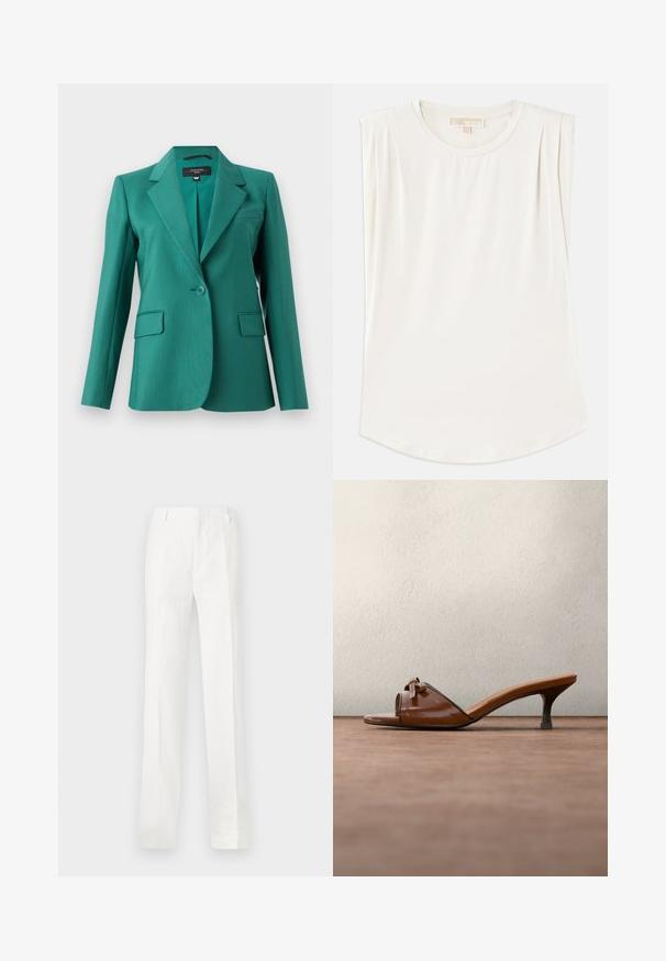 Teal blazer met een notch-kraag, enkele knoopsluiting, twee voorzakken en een gladde textuur. Tailored fit met een modern ontwerp.; Witte mouwloze top van gladde stof, met een ronde hals en subtiele plooien op de schouders, en een gebogen zoom.; Witte, rechte broek gemaakt van een lichtgewicht stof. Kenmerkt zich door een platte voorkant, riemlussen en geen zichtbare patronen of versieringen.; Bruine leren sandaal met hoge hak, voorzien van een kruislingse band en decoratief strikdetail. Soepele textuur met een contrasterende zwarte rand, verhoogde hak.