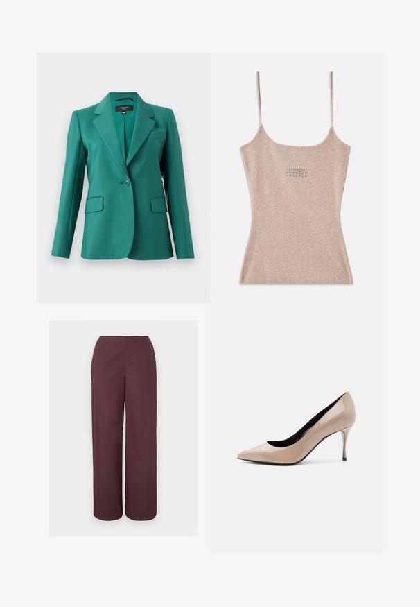 Teal blazer met een notch-kraag, enkele knoopsluiting, twee voorzakken en een gladde textuur. Tailored fit met een modern ontwerp.; Geribbelde, beige tanktop met dunne verstelbare bandjes. Heeft een vierkante halslijn en een klein gedrukt detail nabij het midden.; Bruine broek met hoge taille en wijde pijpen, met een gladde voorkant en zijzakken, weergegeven tegen een effen lichte achtergrond.; Beige lakleren pumps met een spits toelopende neus en een slanke naaldhak, met een zwarte voering, op een witte achtergrond.