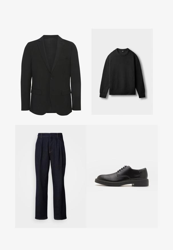 Zwarte blazer van gladde stof. Beschikt over gestructureerde revers, een enkele knoopsluiting, twee voorkanten zakken en een slim fit ontwerp.; Zwarte gebreide ronde hals trui met lange mouwen en geribbelde manchetten, zoom en kraag, plat weergegeven tegen een lichte achtergrond.; Donkerblauwe denim jeans met wijde pijpen, inclusief voorplooien en oranje stiksels, weergegeven op een witte achtergrond.; Zwarte leren veterschoen met een ronde neus, een gladde textuur, minimale stiksels en een lage rubberen hak. Logo op de hak.
