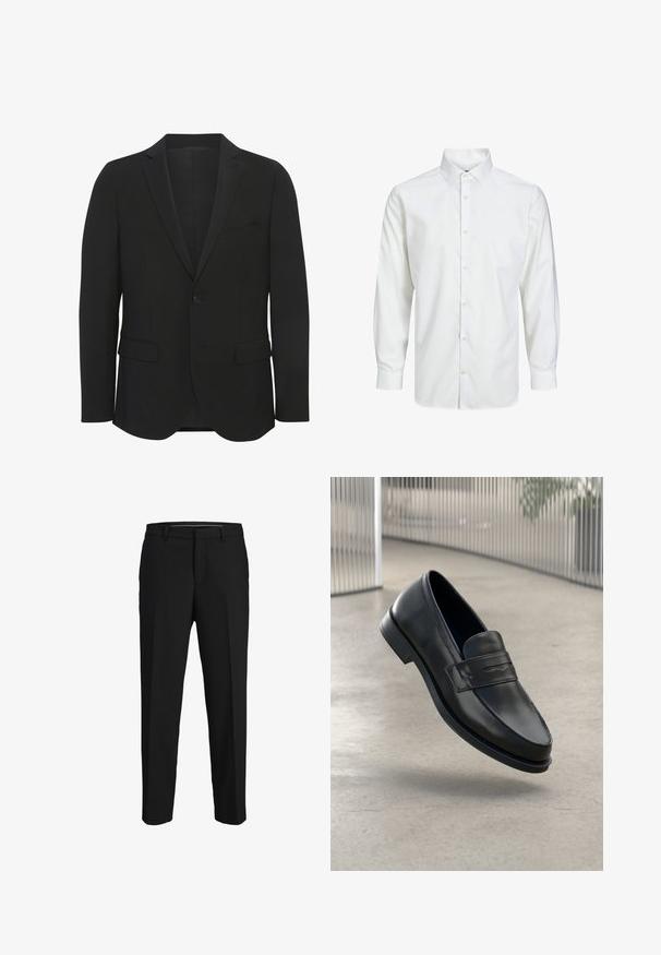 Zwarte blazer van gladde stof. Beschikt over gestructureerde revers, een enkele knoopsluiting, twee voorkanten zakken en een slim fit ontwerp.; Wit overhemd met lange mouwen, knoopsluiting, puntige kraag en knoopmanchetten, getoond op een effen witte achtergrond.; Zwarte broeken van een gladde stof, met een rechte snit, riemlussen en een platte voorkant zonder zichtbare patronen of versieringen.; Zwarte leren loafer met een gladde textuur, spitse neus en een decoratieve band over de wreef. Lichtgewicht zool, minimalistisch ontwerp.