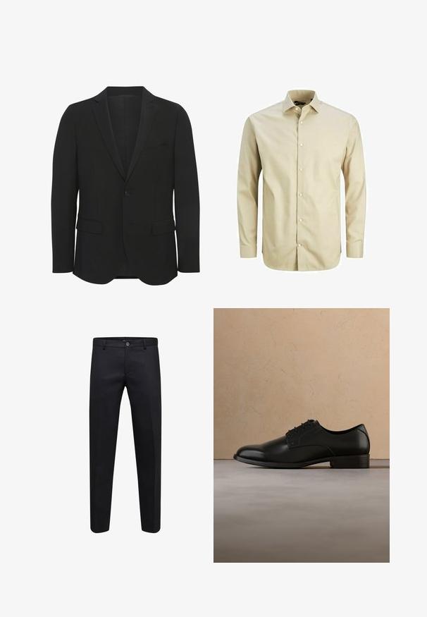 Zwarte blazer van gladde stof. Beschikt over gestructureerde revers, een enkele knoopsluiting, twee voorkanten zakken en een slim fit ontwerp.; Beige langsemige button-up shirt van gladde stof, met een puntig kraag, een voorpan met knopen en een getailleerde pasvorm.; Zwarte formele broek met knoop- en ritssluiting, rechte snit en riemlussen, getoond op een witte achtergrond.; Zwarte leren nette schoen zwevend boven een beige geweven kleed, met een ronde houten salontafel en gestapelde boeken op de achtergrond in zachte focus.
