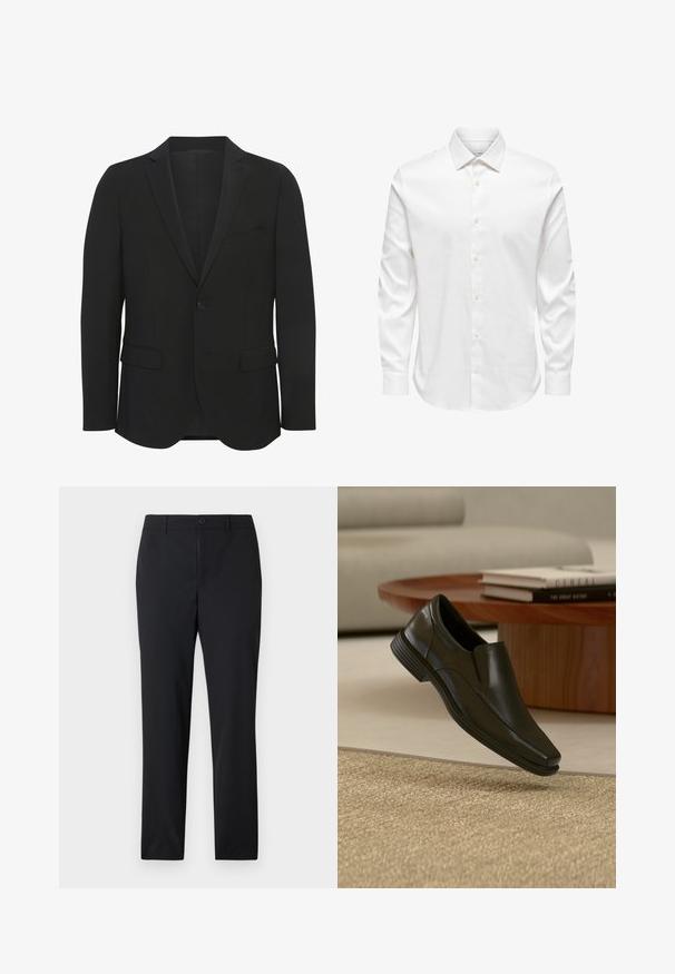 Sort blazer lavet af glat stof. Har spidse revers, enkelt knaplukning, to frontlommer og en slim fit design.; Hvid herreskjorte med lange ærmer, spids krave og række af hvide knapper foran på ensfarvet baggrund.; Sorte, lige bukser med knaplukning og bæltestropper, designet til formelt eller erhvervsmæssigt brug.; Sort slips-på-klædeskost i læder svævende over beige vævet tæppe med rundt træ-sofabord og stabler af bøger i baggrunden.