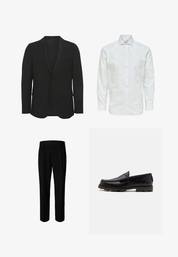 Sort blazer lavet af glat stof. Har spidse revers, enkelt knaplukning, to frontlommer og en slim fit design.; Hvid skjorte med lange ærmer med knaplukning foran og spids krave, vist mod en hvid baggrund.; Sorte formelle bukser med bæltestropper, knap foran og lynlås, vist mod hvid baggrund.; Sorte læder loafers med rund tå, dekorativ syning og en tekstureret ydersål for bedre greb. Let hævet hæl.