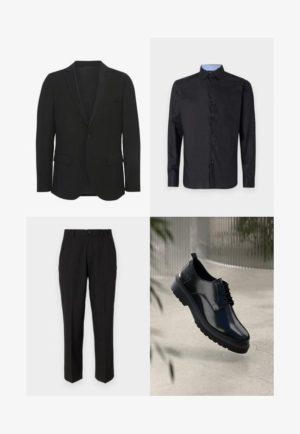 Zwarte blazer van gladde stof. Beschikt over gestructureerde revers, een enkele knoopsluiting, twee voorkanten zakken en een slim fit ontwerp.; Zwarte lange mouwen shirt van gladde stof, met een knopenfront, spitse kraag en een lichtblauwe geruite binnenkraag.; Zwarte broeken van soepele stof, met een rechte pijpconstructie, vo pockets, een enkele knoopsluiting en geen zichtbare patronen.; Zwarte leren schoen met een glanzende afwerking, ronde neus, vetersluiting, contrasterende stiksels en een dikke rubberen zool met profielpatronen.