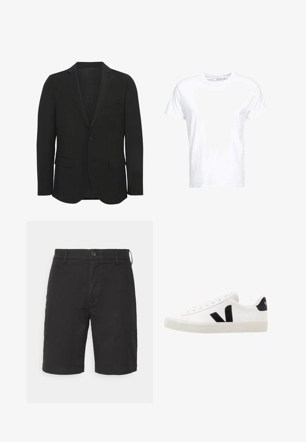 Sort blazer lavet af glat stof. Har spidse revers, enkelt knaplukning, to frontlommer og en slim fit design.; Hvid bomulds t-shirt med rund halsudskæring og korte ærmer, i en klassisk pasform og glat tekstur. Ingen mønstre eller hardware synlige.; Sorte bomuldsshorts med knaplukning, flad frontdesign, sidelommer og syede kanter. Stoffet virker glat og mat.; Hvide lædersneakers med sorte ruskindsdetaljer; har en gummisål, rund tå og klassisk snørebåndsdesign. Side logo i sort.