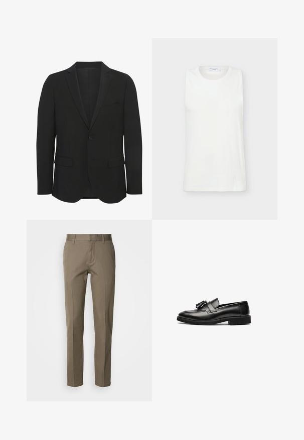 Zwarte blazer van gladde stof. Beschikt over gestructureerde revers, een enkele knoopsluiting, twee voorkanten zakken en een slim fit ontwerp.; Witte mouwloze top met ronde hals van gladde stof, plat getoond tegen een lichte achtergrond.; Beige broek gemaakt van een gladde stof, met een recht gesneden design, een rits aan de voorkant en minimalistische zakken. Geen zichtbare patronen of accenten.; Zwarte leren loafers met een gladde oppervlakte, een ronde neus en een decoratieve kwast op de band. Platte zool en subtiele stikseldetails.