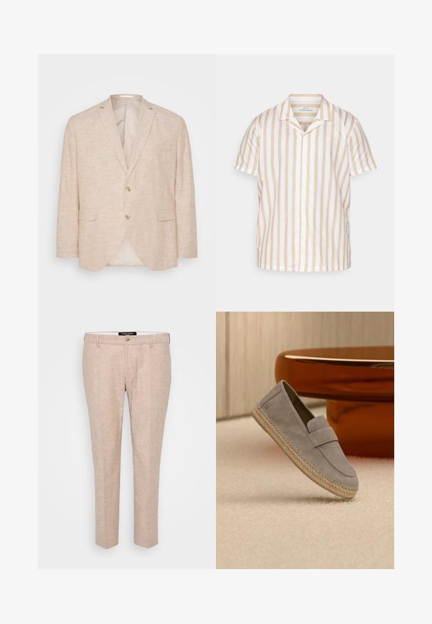 Blazer en lin beige clair avec fermeture à deux boutons, revers crantés et poches latérales ; présente une doublure intérieure lisse.; Chemise à manches courtes en tissu léger avec des rayures verticales beige et blanches. Devant à boutons et design à col camp.; Pantalons beige clair en tissu mélangé lin, avec une taille plate, des passants de ceinture et une fermeture à un bouton. Conception droite sur mesure.; Mocassin en daim gris clair avec semelle en jute tressé, présenté en appui sur un tapis beige avec une table marron brillante en arrière-plan.