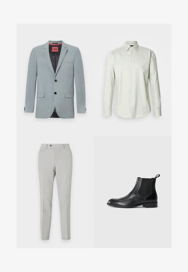 Blazer gris clair en tissu texturé, avec une doublure noire, deux poches avant, un col en notch et des boutons noirs. Étiquette rouge à l'intérieur.; Chemise à manches longues vert clair, à boutons, avec un col structuré, texture unie et patte de boutonnage à l'avant avec des boutons blancs.; Pantalon gris ajusté avec un motif à carreaux subtil, fabriqué en tissu léger. Dispose d'une fermeture à bouton et de poches latérales. Silhouette ajustée.; Bottine en cuir noir avec des panneaux latéraux élastiques, bout rond et tirette. Texture lisse, semelle plate, design minimaliste.
