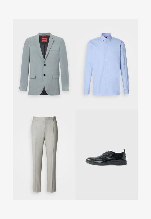 Blazer gris clair en tissu texturé, avec une doublure noire, deux poches avant, un col en notch et des boutons noirs. Étiquette rouge à l'intérieur.; Chemise à manches longues bleu clair en coton, avec un col classique et une patte de boutonnage devant avec des boutons blancs. Texture lisse.; Pantalon tailleur gris clair en tissu lisse, présentant une coupe droite, des plis à l'avant, et une ceinture classique avec passants pour ceinture.; Chaussure habillée en cuir noir brillant avec un petit talon, fermeture à lacets et bout rond, vue de côté sur un fond uni et clair.