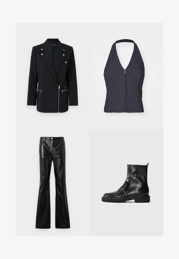 Sort skræddersyet blazer med sølv hardware detaljer, der har en klippet krave, lynlåslommer og et asymmetrisk design.; Mørk denim halterneck-top med dyb V-udskæring, lynlåslukning foran og tætsiddende design. Glat tekstur og minimalistisk stil.; Rabanne Loose-jeans - black; Sorte læder ankelstøvler med en glat finish, der har tre spænde-udsmykninger på siden og en robust struktureret sål.