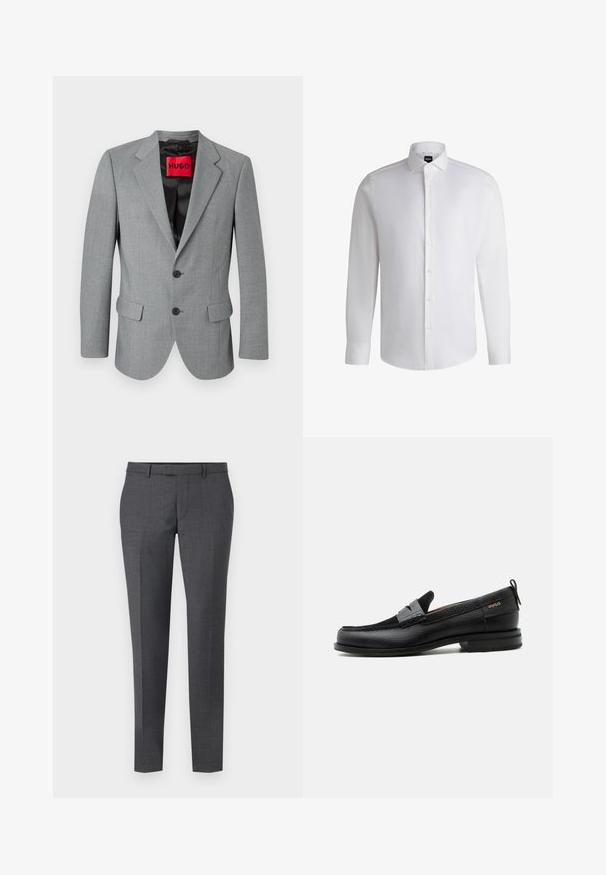Grå blazer lavet af tekstureret stof, med notched revers, to forlommer, tre sorte knapper og et rødt "HUGO" mærke indvendigt.; Hvid langærmet skjorte lavet af glat bomuld, med klassisk krave, fuld knaplukning og knapmanchetter. Minimalistisk design.; Grå skræddersyede bukser med en glat tekstur, lige pasform, flad front og bæltesløjfer. Har et subtilt ternet mønster og en kant ned foran.; Sort læderloafer med grå remdetalje, lav hæl og tekstureret sål, mærket med "HUGO" i guld på siden.