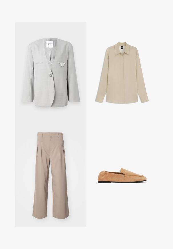 Blazer gris con escote en V profundo y cierre de un botón, que cuenta con dos bolsillos frontales y un detalle de pañuelo en el bolsillo. Ajuste entallado con mangas largas.; Camisa de manga larga beige con botones ocultos, cuello puntiagudo y mangas con puños, exhibida planamente sobre un fondo blanco.; Pantalones beige de pierna ancha con plisados, hechos de una tela suave. Presentan una cintura de altura media y una silueta limpia y ajustada.; Mocasín de ante marrón claro con suela baja negra, parte trasera elástica y pequeño logo de la marca en dorado cerca del borde superior, vista lateral.