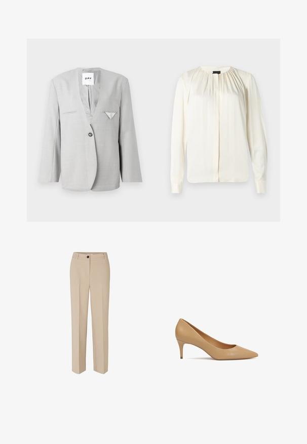 Blazer gris con escote en V profundo y cierre de un botón, que cuenta con dos bolsillos frontales y un detalle de pañuelo en el bolsillo. Ajuste entallado con mangas largas.; Blusa de manga larga en seda blanco roto. Presenta un escote redondo, suaves pliegues en los hombros y puños con botones. Textura suave y diseño minimalista.; Modström GALE - Pantalones - powder sand; Zapato de salón de cuero beige con tacón alto de 5 cm, punta puntiaguda y tacón delgado; textura suave y diseño minimalista sin adornos.