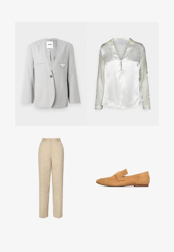 Grijze blazer met een diepe V-hals en één knoopsluiting, voorzien van twee zijzakken en een pochet detail. Tailored fit met lange mouwen.; STUDIO ID ALYSSA - Blouse - champagne; Beige op maat gemaakte broeken van een gladde, gestructureerde stof, hoge taille en twee voorknopjes. Heeft een recht gesneden pijp en minimale stiksels.; Tan suède instappers met een platte hak, ronde neus en een gestikte band over de wreef voor een verfijnde afwerking.