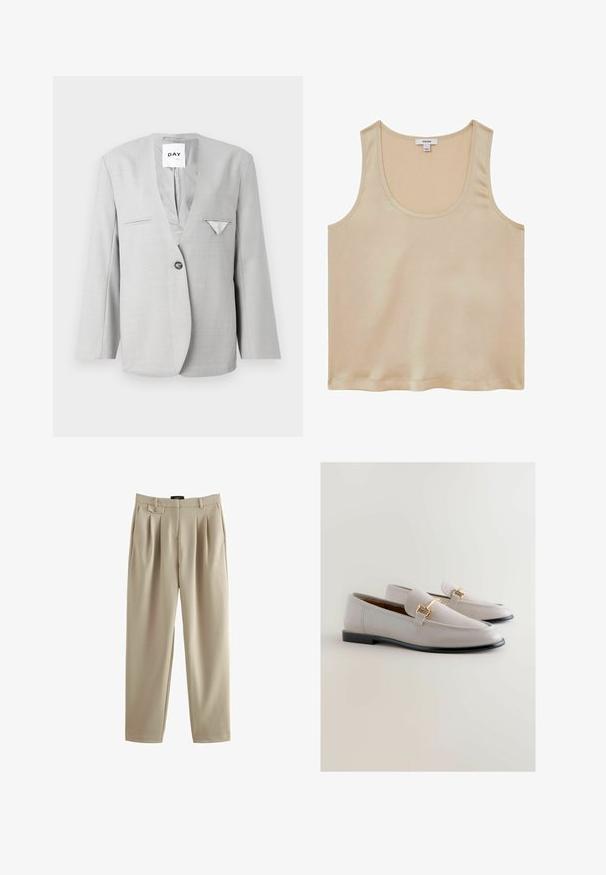 Grijze blazer met een diepe V-hals en één knoopsluiting, voorzien van twee zijzakken en een pochet detail. Tailored fit met lange mouwen.; Reiss REGULAR FIT - Blouse - neutral; Beige geplooide broek met een relaxte pasvorm, voorzien van een knoopsluiting en riemlussen, gemaakt van een gladde stof met een zachte textuur.; Lichtgrijze leren loafers met een slank ontwerp,Featuring goudkleurige hardwareaccenten en een zwarte zool. Gladde textuur en puntige neusvorm.