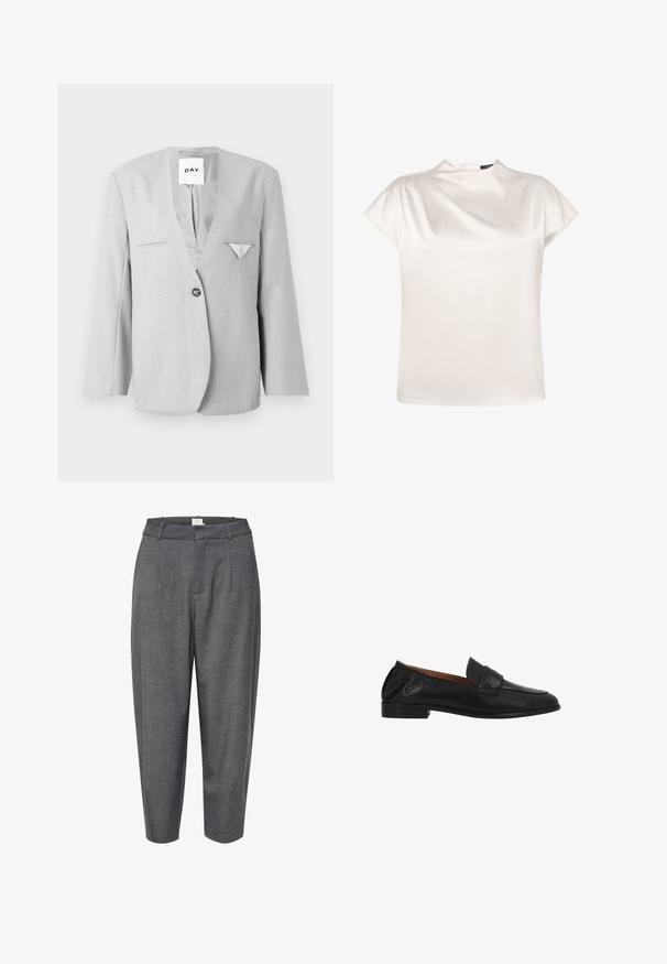 Grå blazer med dyb V-hals og enkelt knaplukning, med to forlommer og et lommetørklæde detaljer. Skræddersyet pasform med lange ærmer.; zero Bluse - eggnog; Grå, tapered bukser lavet af struktureret stof; har folder og en glat talje med en skjult lukning.; Sort læder slip-on loafer med lav hæl, rundet tå og en syning på remmen tværs over toppen.