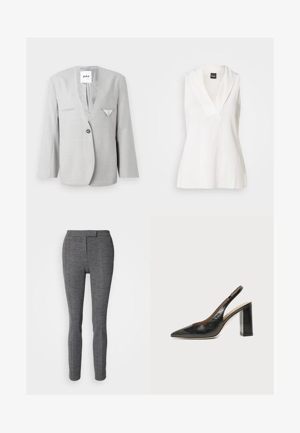 Grijze blazer met een diepe V-hals en één knoopsluiting, voorzien van twee zijzakken en een pochet detail. Tailored fit met lange mouwen.; Witte mouwloze top met een V-halsontwerp, voorzien van een gedrapeerde kraag en een gladde, licht glanzende textuur. Ideaal om te combineren in lagen.; Grijze herringbone-patroonbroek met een getailleerd ontwerp, slanke pijp en een gladde textuur. Voorzien van een tailleband met een sluiting aan de voorkant en zonder zakken.; Zwarte leren slingback schoen met spits toelopend neusje, hoge blokhak en beige binnenvoering tegen een effen lichte achtergrond.