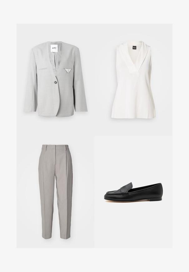Grijze blazer met een diepe V-hals en één knoopsluiting, voorzien van twee zijzakken en een pochet detail. Tailored fit met lange mouwen.; Witte mouwloze top met een V-halsontwerp, voorzien van een gedrapeerde kraag en een gladde, licht glanzende textuur. Ideaal om te combineren in lagen.; Lichtgrijze op maat gemaakte broeken met een gladde textuur, geplooide voorkant en een recht silhouet. Voorzien van riemlussen en een gepolijste afwerking.; Zwarte leren loafer met lage hak, gestikte details en een klein metalen accent op de bovenkant.