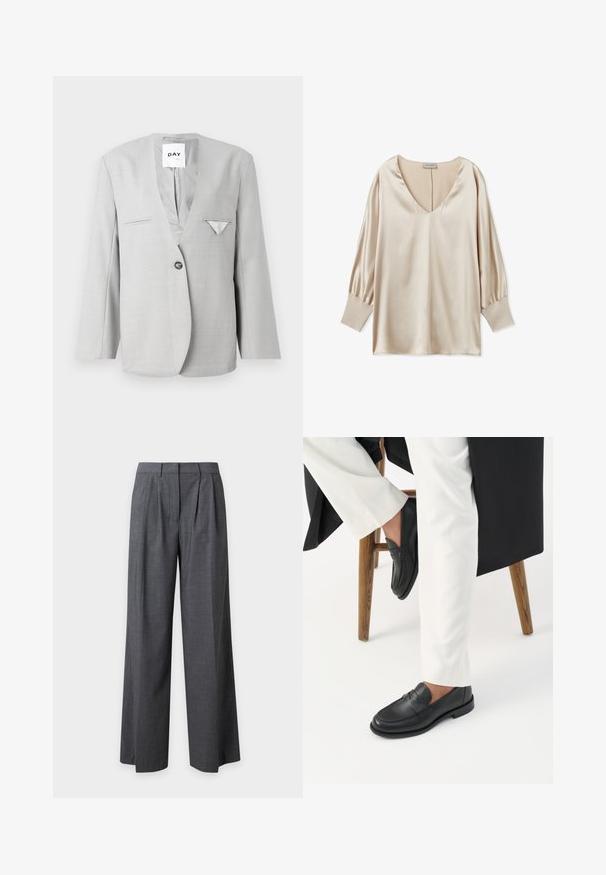 Grå blazer med dyb V-hals og enkelt knaplukning, med to forlommer og et lommetørklæde detaljer. Skræddersyet pasform med lange ærmer.; Beige satinbluse med dyb V-udskæring, lange puffærmer og tætsiddende manchetter. Glat tekstur og minimalistisk design.; Mørkegrå bukser med vide ben, forreste læg, bæltestropper og skjult forlukning foran, vist mod en ensfarvet lys baggrund.; Person iført sorte læder loafers og hvide bukser, siddende på en træskammel mod en hvid baggrund.