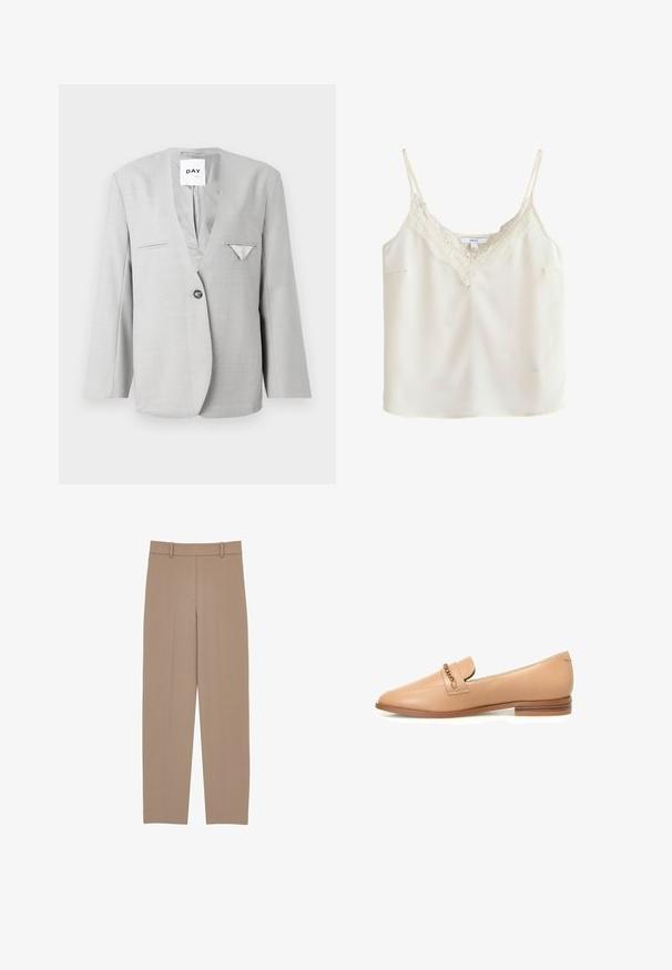 Grijze blazer met een diepe V-hals en één knoopsluiting, voorzien van twee zijzakken en een pochet detail. Tailored fit met lange mouwen.; Roomkleurig mouwloos hemd met dunne bandjes en kanten randje langs de V-hals, afgebeeld op een effen achtergrond.; Beige eersteklas geklede broek met een rechte pijp, voorzien van een geplooide voorkant, riemlussen en subtiele stikdetails. Gladde, lichte stof.; Beige leren instappers met een puntige neus, voorzien van een kettingaccent op de wreef en een lage gestapelde hak. Glad textuur en minimalistisch ontwerp.