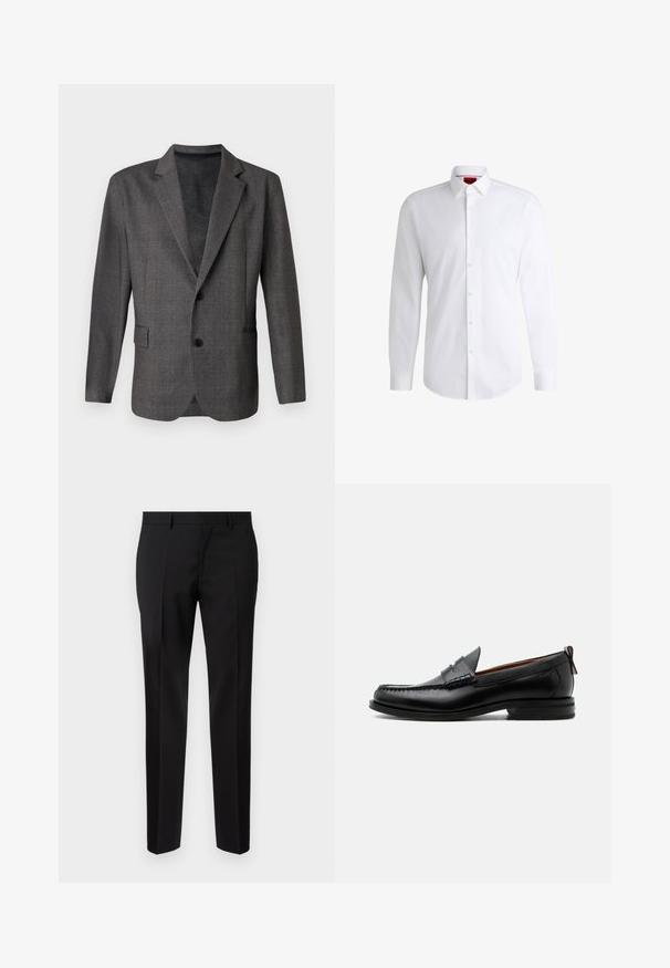 Grijze blazer met een gestructureerd patroon, notch revers, twee knopen en een voorkant zak. Gemaakt van een gladde stof, getailleerde pasvorm.; Witte overhemden van soepel materiaal met een klassieke kraag, lange mouwen en een afgeronde zoom. Voorzien van beige knopen aan de voorkant.; Zwarte op maat gemaakte broeken van een gladde stof, met een rechte pijp, verfijnde plooidetails en een klassieke tailleband met riemlussen.; Zwarte leren herensloffen met moc toe stiksel, pennyriem, gestructureerde kraag en lage gestapelde hak op witte achtergrond.