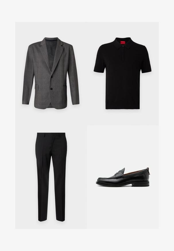 Grijze blazer met een gestructureerd patroon, notch revers, twee knopen en een voorkant zak. Gemaakt van een gladde stof, getailleerde pasvorm.; Zwarte poloshirt van gladde katoen. Met een klassieke kraag, korte mouwen en een rood label op de hals. Geen patronen of accenten.; Zwarte op maat gemaakte broeken van een gladde stof, met een rechte pijp, verfijnde plooidetails en een klassieke tailleband met riemlussen.; Zwarte leren herensloffen met moc toe stiksel, pennyriem, gestructureerde kraag en lage gestapelde hak op witte achtergrond.