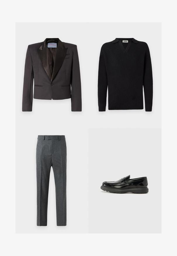 Sort tuxedo jakke lavet af glat stof med satin-klap, en enkelt knaplukning og dobbelt frontlommer. Strukturerede skuldre og cropped pasform.; Sort ribbet striktrøje med v-udskæring og kort krave, med lange ærmer og et enkelt design med en enkelt brystlomme.; Grå skræddersyede bukser med et fint ternet mønster, lige ben-design og en glat stofstruktur. Har bæltestropper og lynlås.; Sort læderloafer med en blank finish, rund tå, subtile syninger og en tyk gummisål for holdbarhed.