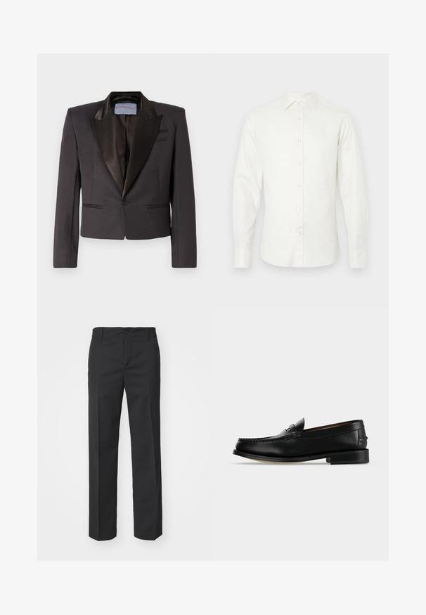 Veste de smoking noire en tissu lisse avec des revers en satin, fermeture à un seul bouton et poches avant doubles. Épaules structurées et coupe courte.; Chemise blanche à manches longues en tissu lisse, avec un col, une fermeture à boutons sur le devant et un ourlet droit avec des poignets.; Filippa K TROY TROUSERS - Pantalon classique - black; Mocassin homme en cuir noir avec un petit talon et une couture de style mocassin sur l'avant, vu de côté sur un fond uni.