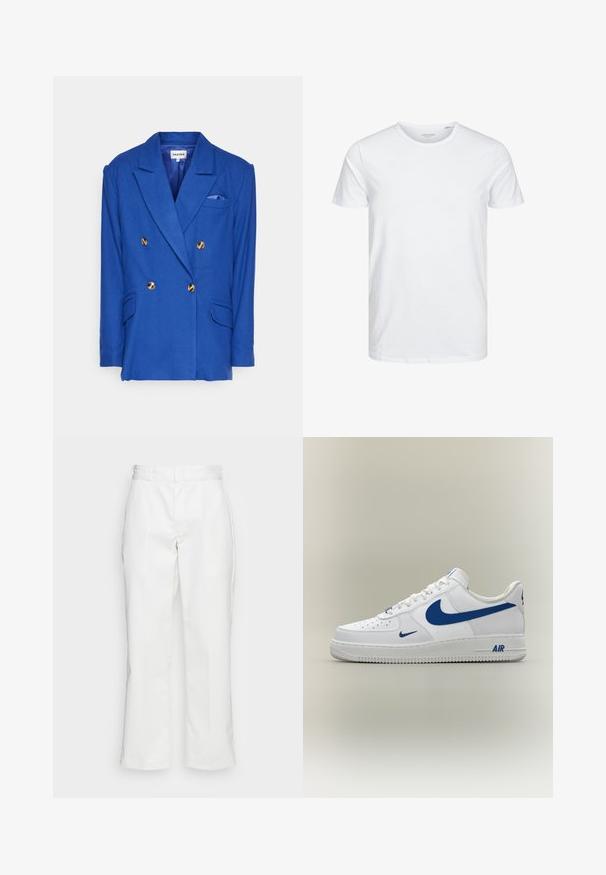 Blazer bleu à double boutonnage avec des boutons dorés, des revers crantés et deux poches avant. Présente une doublure intérieure et une poche poitrine avec un accent bleu.; T-shirt à col rond à manches courtes de couleur blanche unie, fabriqué en coton doux, avec un design simple sans motifs ni accents visibles.; Pantalons en coton blanc avec une coupe droite, passants de ceinture et poches latérales, possédant une texture lisse et un design minimaliste.; Baskets blanches Nike Air Force 1 avec logos swoosh bleus et texte "AIR" sur la semelle, vues de côté sur un fond neutre.