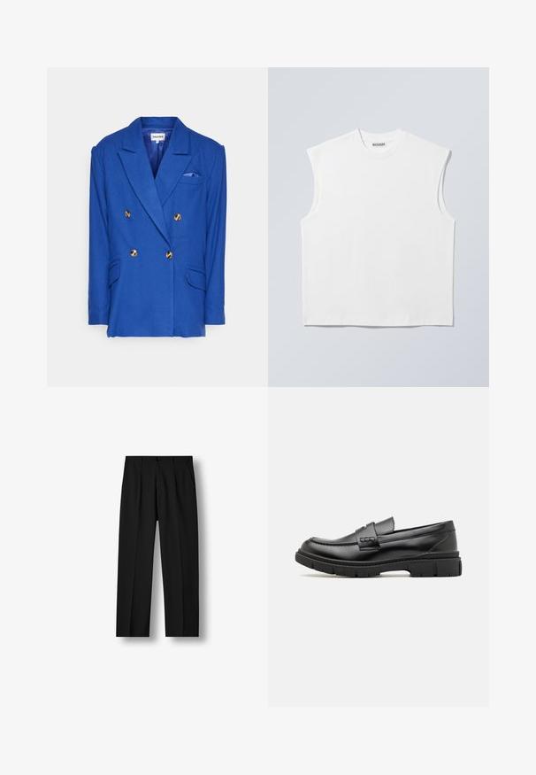 Blazer bleu à double boutonnage avec des boutons dorés, des revers crantés et deux poches avant. Présente une doublure intérieure et une poche poitrine avec un accent bleu.; Haut blanc sans manches en coton à col rond avec épaules structurées, marqué "WEEKDAY" sur l'étiquette du col, présenté sur un fond gris clair.; Pantalon noir droit avec plis devant, taille boutonnée et poches latérales sur un fond blanc uni.; Mocassin en cuir noir avec une large sangle sur le devant, semelle en caoutchouc à épaisse rainure, et texture lisse. Design classique et élégant.