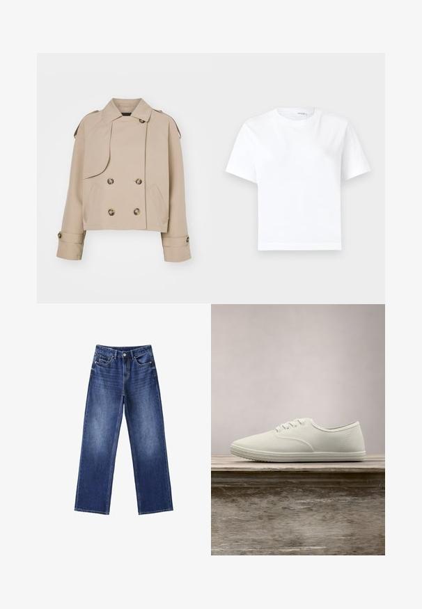 Manteau trench court beige avec un devant croisé, de grands boutons ronds, des épaulettes et deux poches latérales. Tissu lisse et léger.; T-shirt blanc uni en coton à manches courtes, col rond et ourlet droit, présenté sur fond blanc.; Jean en denim bleu avec jambes larges, bouton et fermeture éclair à l'avant, passants de ceinture et cinq poches sur fond blanc.; Baskets en toile blanches avec un bout arrondi, six œillets et une semelle en caoutchouc texturée, suspendues au-dessus d'une surface en bois avec de l'herbe verte en arrière-plan.