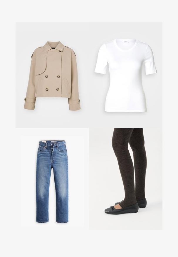 Manteau trench court beige avec un devant croisé, de grands boutons ronds, des épaulettes et deux poches latérales. Tissu lisse et léger.; T-shirt blanc à manches courtes en coton lisse, doté d'un col rond et d'une coupe ajustée. Design classique, sans motifs ni accents.; Jean en denim bleu avec une taille haute, une coupe droite et des zones décolorées. Comprend des poches avant et des accessoires métalliques.; Jambes portant des leggings côtelés foncés associés à des ballerines noires avec de petits détails en nœud sur fond blanc.