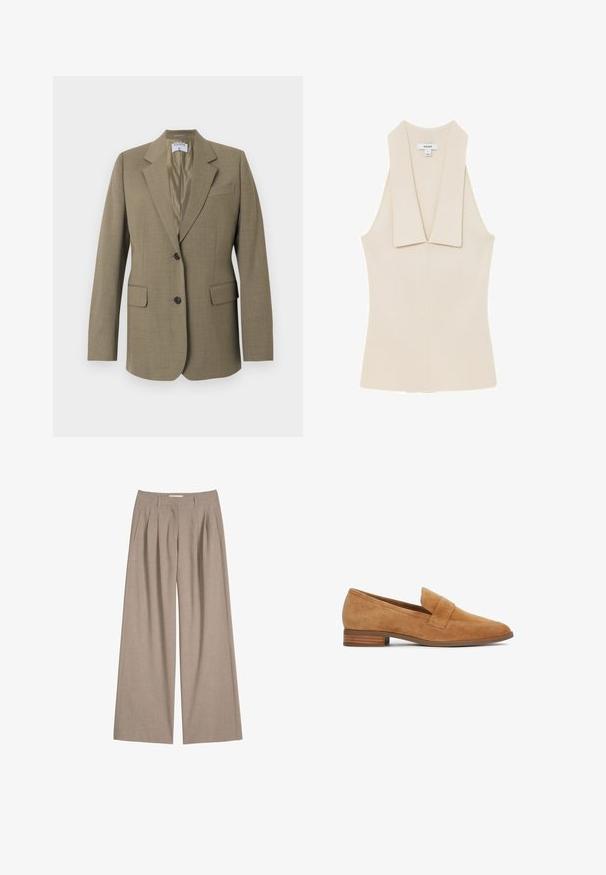 Hellbrauner einreihiger Blazer mit Reverskragen, zwei vorderen Pattentaschen, Brusttasche und zwei schwarzen Knöpfen, gefüttertes Innenfutter.; Ärmelloses beigefarbenes Stricktop mit breitem Schalkragen und tailliertem Schnitt, mit Markenetikett „REISS“ am Ausschnitt.; Beige Hosen mit weitem Bein, Falten, Gürtelschlaufen und Seitentaschen, aus leichtem Stoff gefertigt.; Tanfarbene Wildleder-Loafer mit niedrigem, geschichtetem Absatz und einem breiten Riemen über dem Rist, seitlich auf weißem Hintergrund gezeigt.