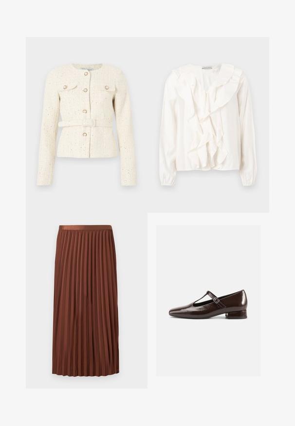 Veste en tweed crème avec boutons en perles, poches à rabat à l’avant, manches longues et ceinture assortie à la taille.; Blouse blanche avec un devant à volants, tissu doux, manches longues et fermetures à boutons. Présente un col structuré et des poignets froncés.; Jupe plissée marron mi-longue avec taille élastique, suspendue à plat sur un fond blanc.; Chaussures Mary Jane en cuir verni marron avec un bout arrondi, un design ajouré et une bride réglable. Talon bas bloc.