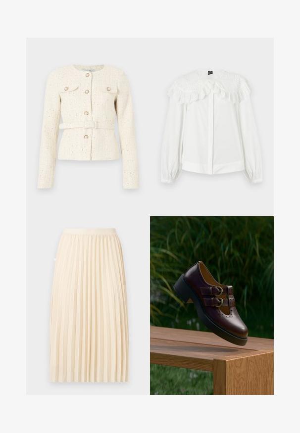 Veste en tweed crème avec boutons en perles, poches à rabat à l’avant, manches longues et ceinture assortie à la taille.; Blouse blanche à manches longues avec un grand col en dentelle brodée à motifs ajourés et des bords froncés, équipée de boutons dissimulés sur le devant et de manches avec poignets.; Jupe midi plissée de couleur crème avec une ceinture ajustée, suspendue droite sur un fond uni.; Chaussure en cuir marron foncé avec double boucle, détails perforés et semelle noire épaisse, suspendue au-dessus d'une table en bois à l'extérieur.