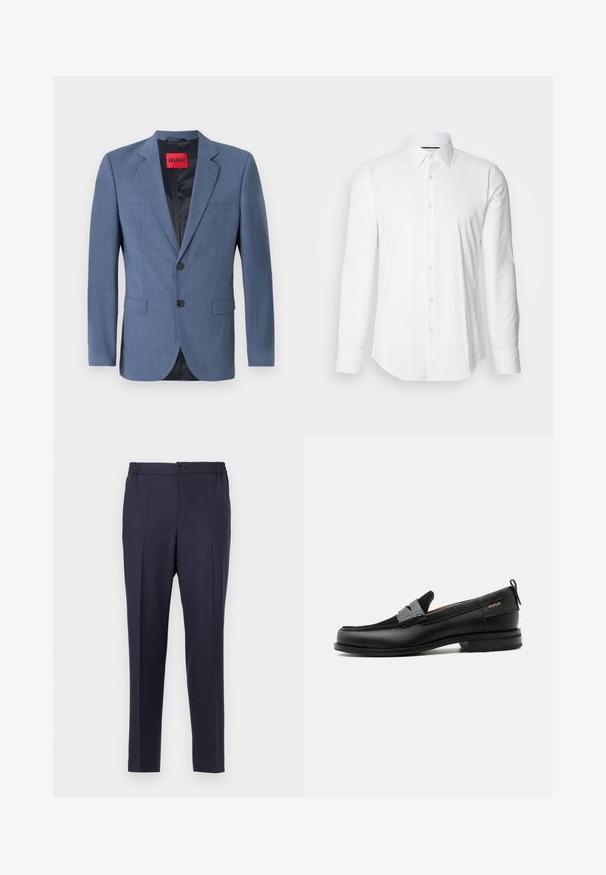 Blazer ajustado de color azul claro con cierre de dos botones, solapas con muesca y bolsillos laterales. Cuenta con un forro negro y una etiqueta de marca roja.; Camisa blanca de manga larga hecha de tejido suave, con un cuello clásico y diseño de botones en la parte delantera, con un dobladillo curved. Los botones tienen un acabado ligeramente brillante.; Pantalones azul marino con frente plano, cintura elástica y cierre de botón. Corte recto y textura suave, adecuados para uso formal o casual.; Mocasín de cuero negro con detalle de tira gris, tacón bajo y suela texturizada, con la marca "HUGO" en oro en el lateral.