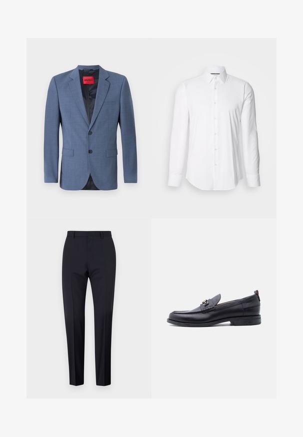 Lyseblå skræddersyet blazer med to-knaps lukning, rullekraver og sidelommer. Har en sort foring og et rødt mærke.; Hvid langærmet skjorte lavet af glat stof, med klassisk krave og knap-front design samt en buet kant. Knapperne er diskret blanke.; Marineblå skrædderbukser, flad front, slim fit, med bæltestropper og sidelommer. Glat stof med en skarp finish, ingen synlige mønstre eller accent.; Sort lædermokasin med grå tekstureret forfod, sølvfarvet metalspænde, lav hæl og trækflap bagpå.