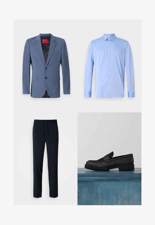 Lyseblå skræddersyet blazer med to-knaps lukning, rullekraver og sidelommer. Har en sort foring og et rødt mærke.; Lyseblå skjorte med lange ærmer, klassisk krave og hvide knapper. Stof virker glat med en subtil tekstur.; Marineblå, letvægtsbukser med elastisk talje og justerbar snor, med lige pasform og glat tekstur.; Sort lædersko uden snørebånd med en tekstureret stofdetalje, en robust gummisål og en glat finish. Har diskrete syningsdetaljer.