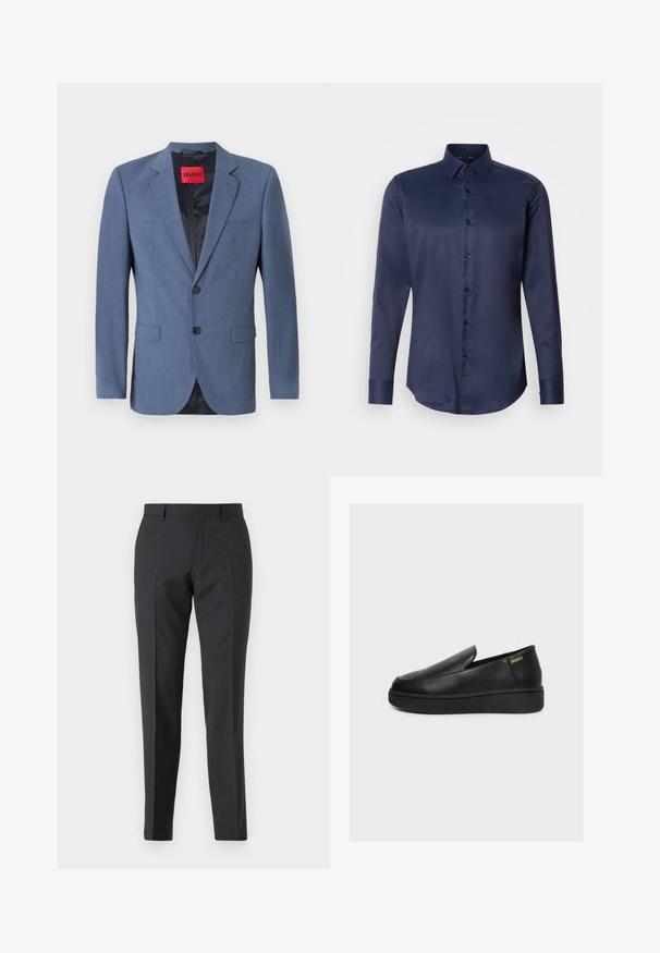 Blazer ajustado de color azul claro con cierre de dos botones, solapas con muesca y bolsillos laterales. Cuenta con un forro negro y una etiqueta de marca roja.; Camisa de vestir de manga larga para hombre en azul marino, con cuello puntiagudo y cierre frontal de botones, presentada sobre un fondo blanco liso.; Pantalones de traje gris oscuro con un corte recto, que cuentan con bolsillos laterales y una textura sutil. Los cierres incluyen una cremallera y presillas para cinturón.; Zapato negro de plataforma de piel con diseño slip-on, suela gruesa y pequeño logo dorado "HUGO" cerca del talón sobre un fondo claro y liso.