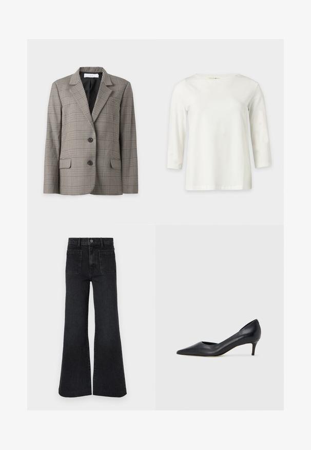Blazer simple boutonnage avec boutons noirs, motif à carreaux beige et noir, revers crantés et poches à rabat, présenté sur fond blanc.; Chemise blanche à manches longues avec un col rond, présentée sur un fond clair uni.; Jean noir évasé taille haute avec passants de ceinture, bouton avant, fermeture éclair et deux grandes poches plaquées à l'avant sur fond blanc.; Escarpin en cuir noir avec un bout pointu et un talon bas. Présente une texture lisse et un éclat subtil. Découpe ouverte à l'avant pour un détail supplémentaire.