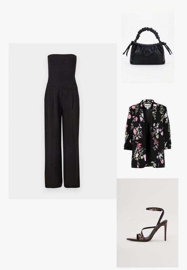 Blazer noir à manches retroussées avec un motif floral rose, blanc et vert, devant ouvert, étiquette de marque "PIECES" à l'intérieur du col.; Combinaison noire sans bretelles avec un corsage côtelé ajusté et un pantalon tailleur à jambes larges.; Sandale à talons hauts en cuir verni bourgogne avec une bride de cheville, bout pointu et trois bandes horizontales sur le pied. Détail de boucle dorée.; Sac à main noir avec texture crocodile, bord supérieur froncé, poignée plissée et pompons à cordon de chaque côté sur fond blanc.